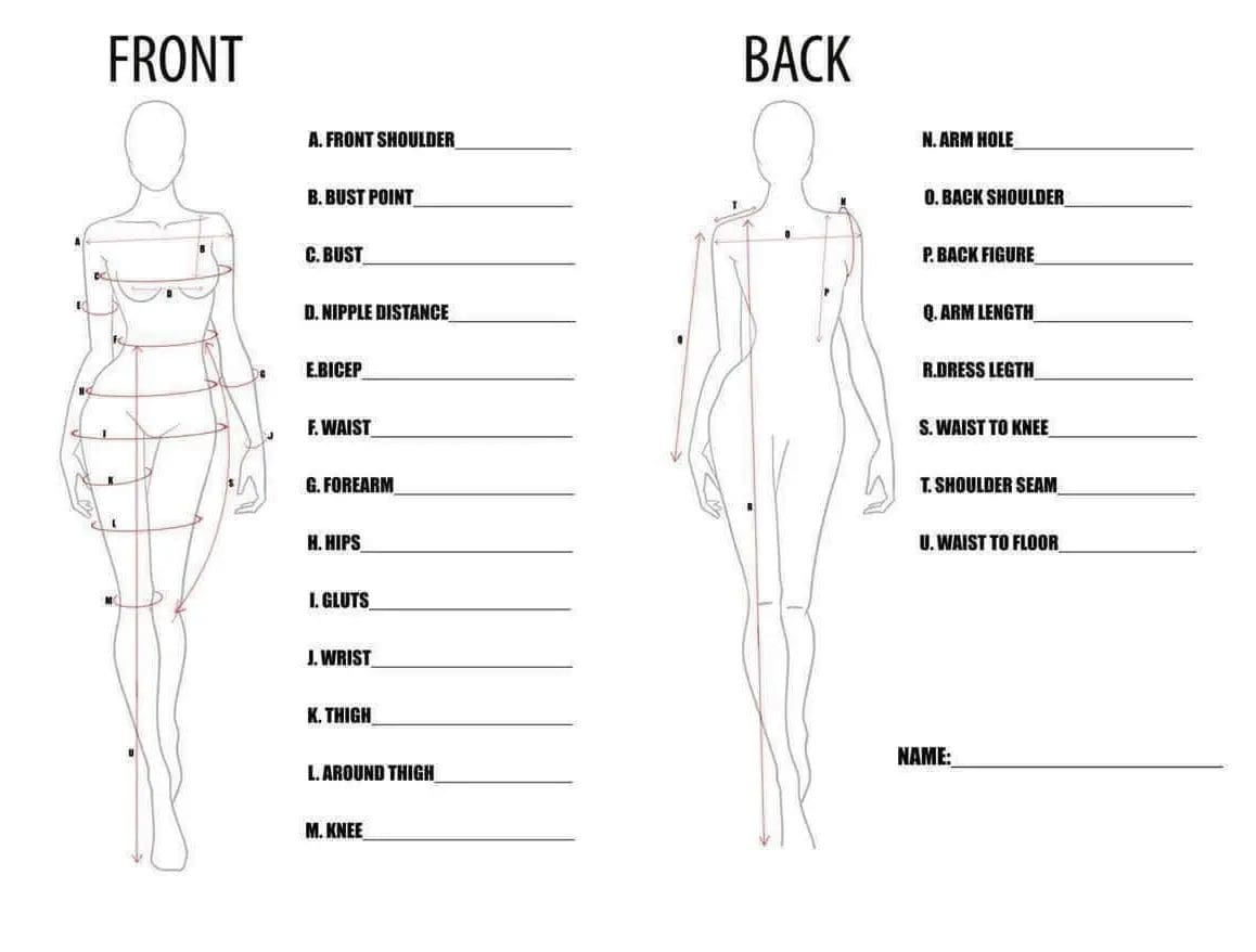 A woman 's body measurements are drawn on the front and back of her figure.